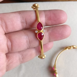 Ruby & Diamond Bangle, Silver 925, Real 18K Gold Filled, Matte Finish