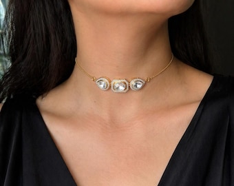 Moissanite Slices Choker Necklace, Bracelet & Earrings Set, 18K Gold Filled, Sterling Silver