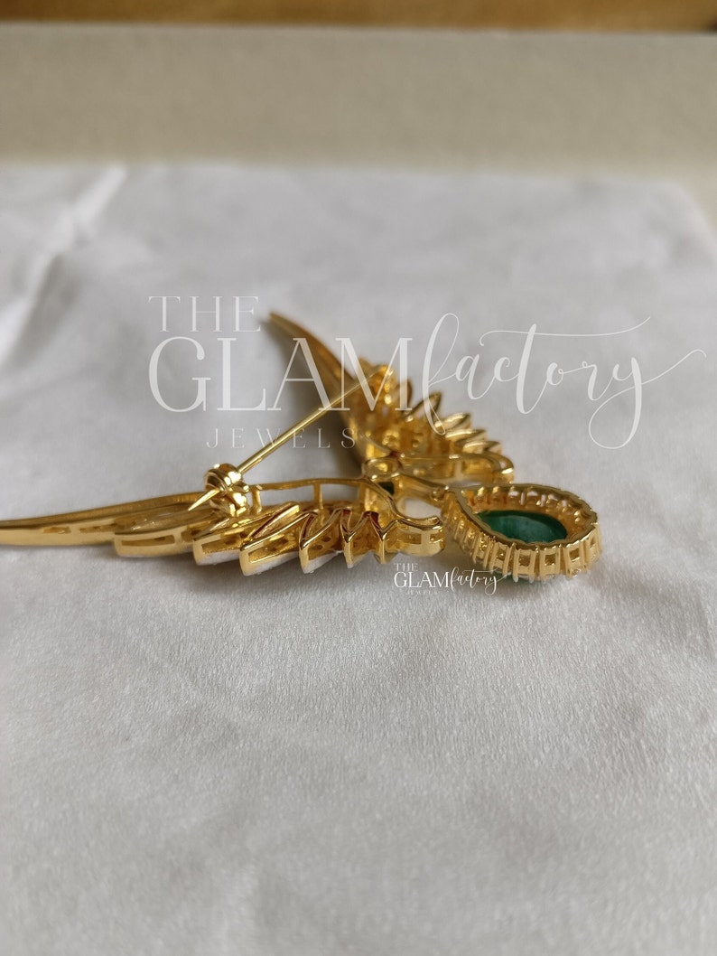 Vintage Emerald & Diamonds Brooch/Pin, Unisex, Silver 925, 18K Gold Filled image 2