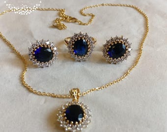 Sapphire & Diamond Ring, Earrings and Necklace Set, Silver 925, White Rhodium/Gold Filled