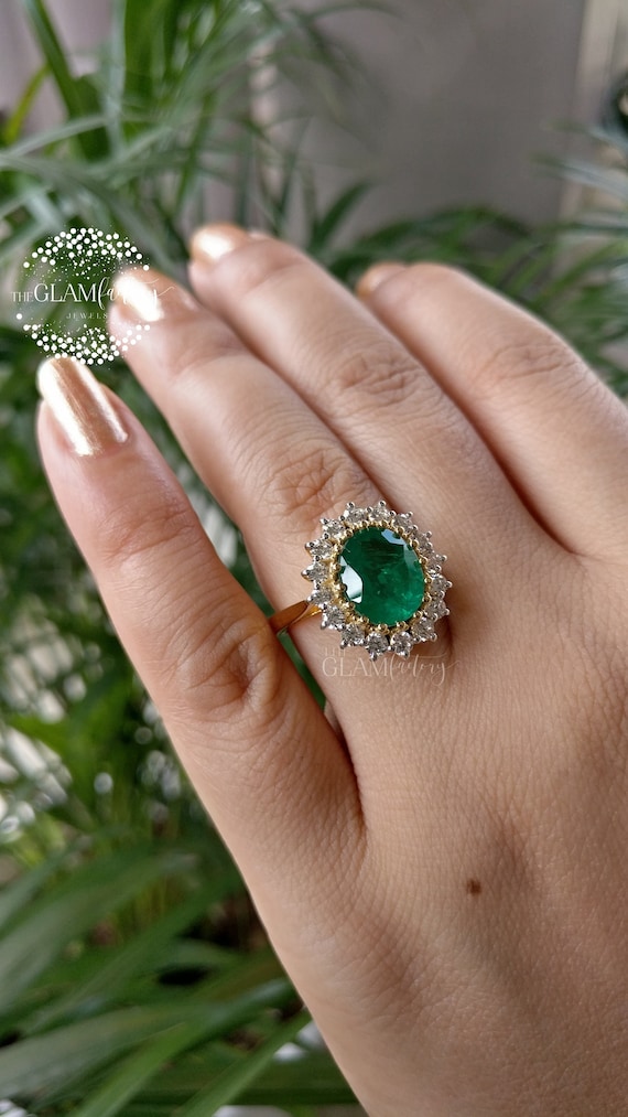 ＊925 天然エメラルド&ダイヤモンドリングemerald diamond Emerald & Diamond Ring, Silver 925, Real 18K Gold Filled - Etsy