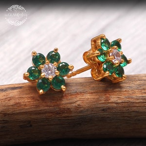 Emerald & Diamond Studs Earring Pair, Guaranteed Silver 925, Real 18K Gold Filled