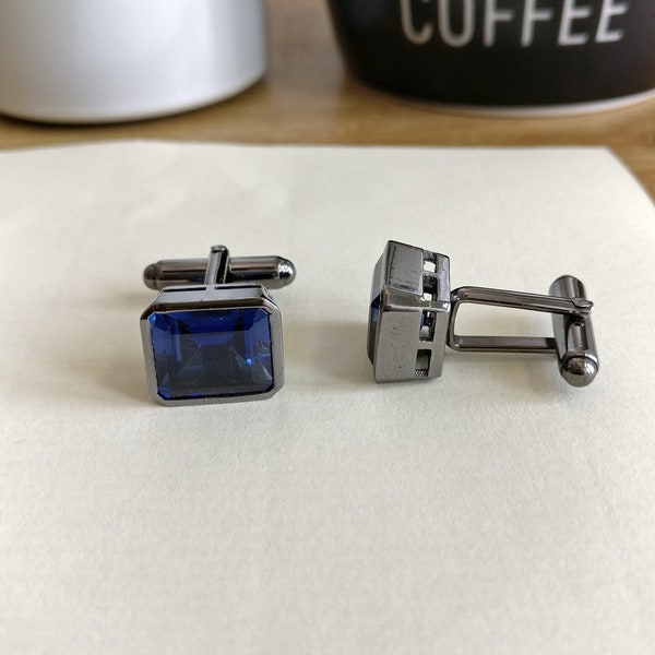 Sapphire Octagon Cufflinks Pair, Silver 925, Black Rhodium Plated