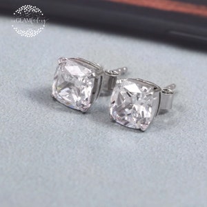 Cushion Cut Cubic Zirconia Stud Earrings: Sterling Silver, Rhodium Plated