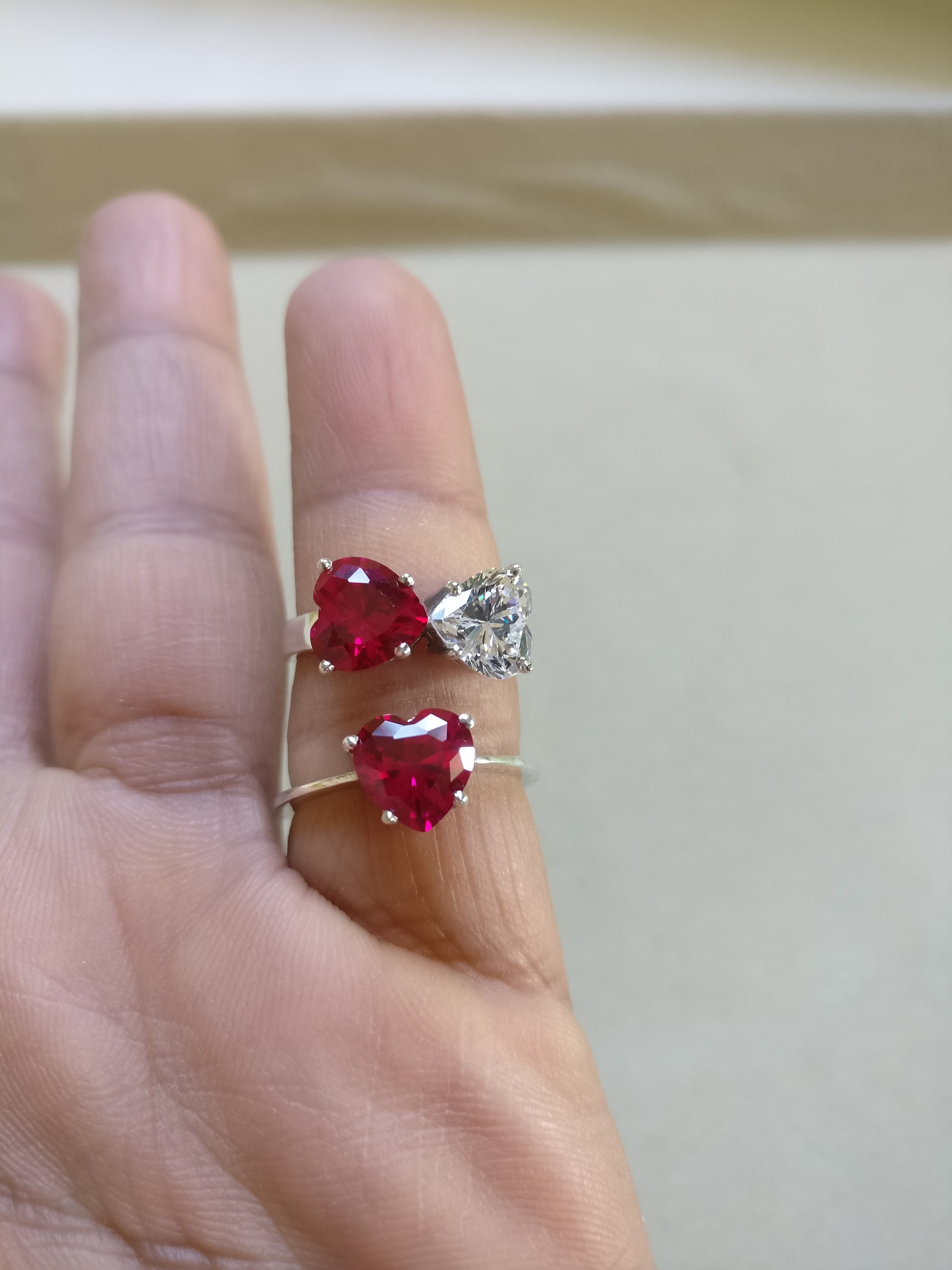 Ruby & Zircon Hearts Love Ring, Silver 925 - Etsy