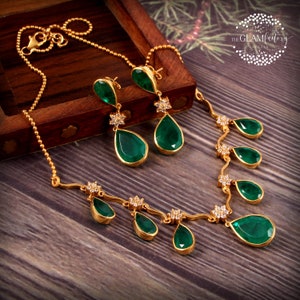 Emerald & Diamond Necklace + Earrings Set, Silver, Gold Filled
