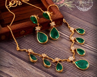 Emerald & Diamond Necklace + Earrings Set, Silver, Gold Filled