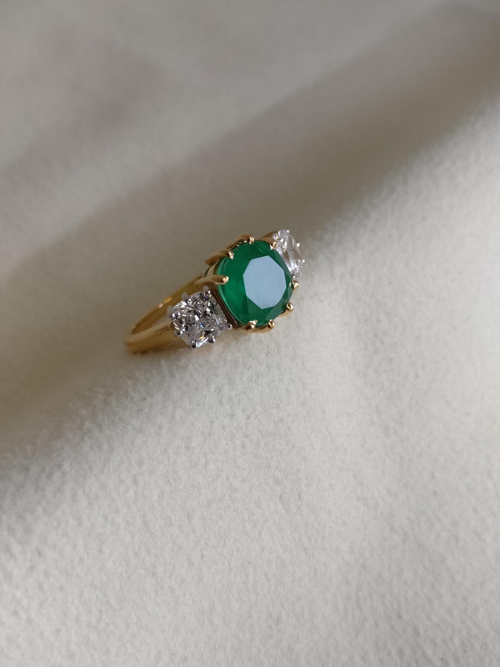 Emerald Cushion Cut & Diamond Ring, Silver 925, Real 18K Gold Filled