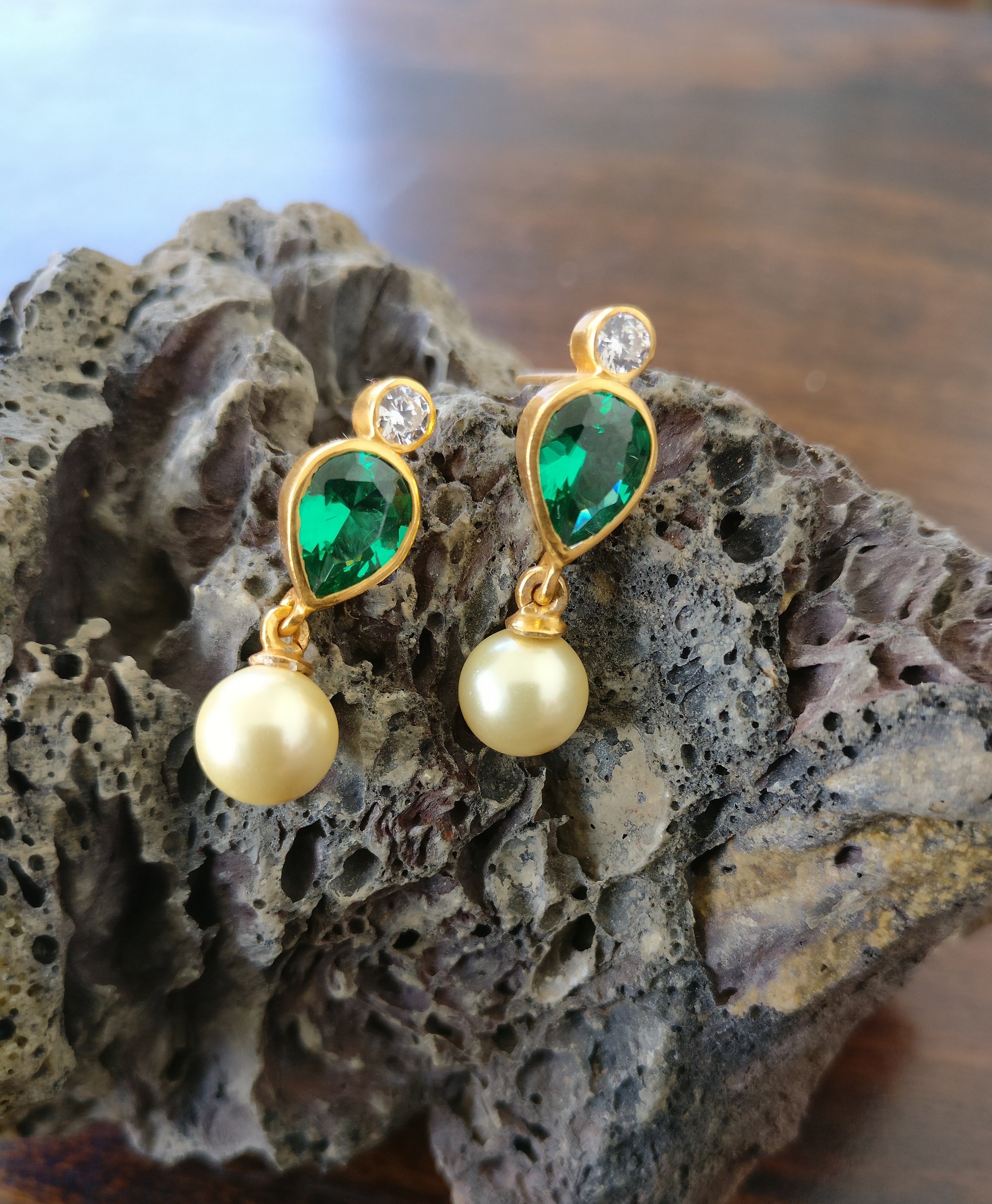 Emerald Pearl & Zirconia Earring Matte Look Gold Filled Etsy