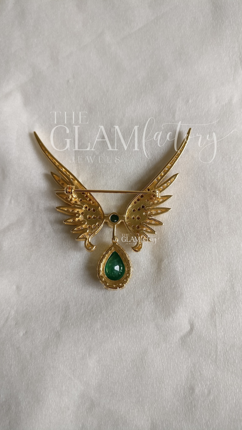 Vintage Emerald & Diamonds Brooch/Pin, Unisex, Silver 925, 18K Gold Filled image 5