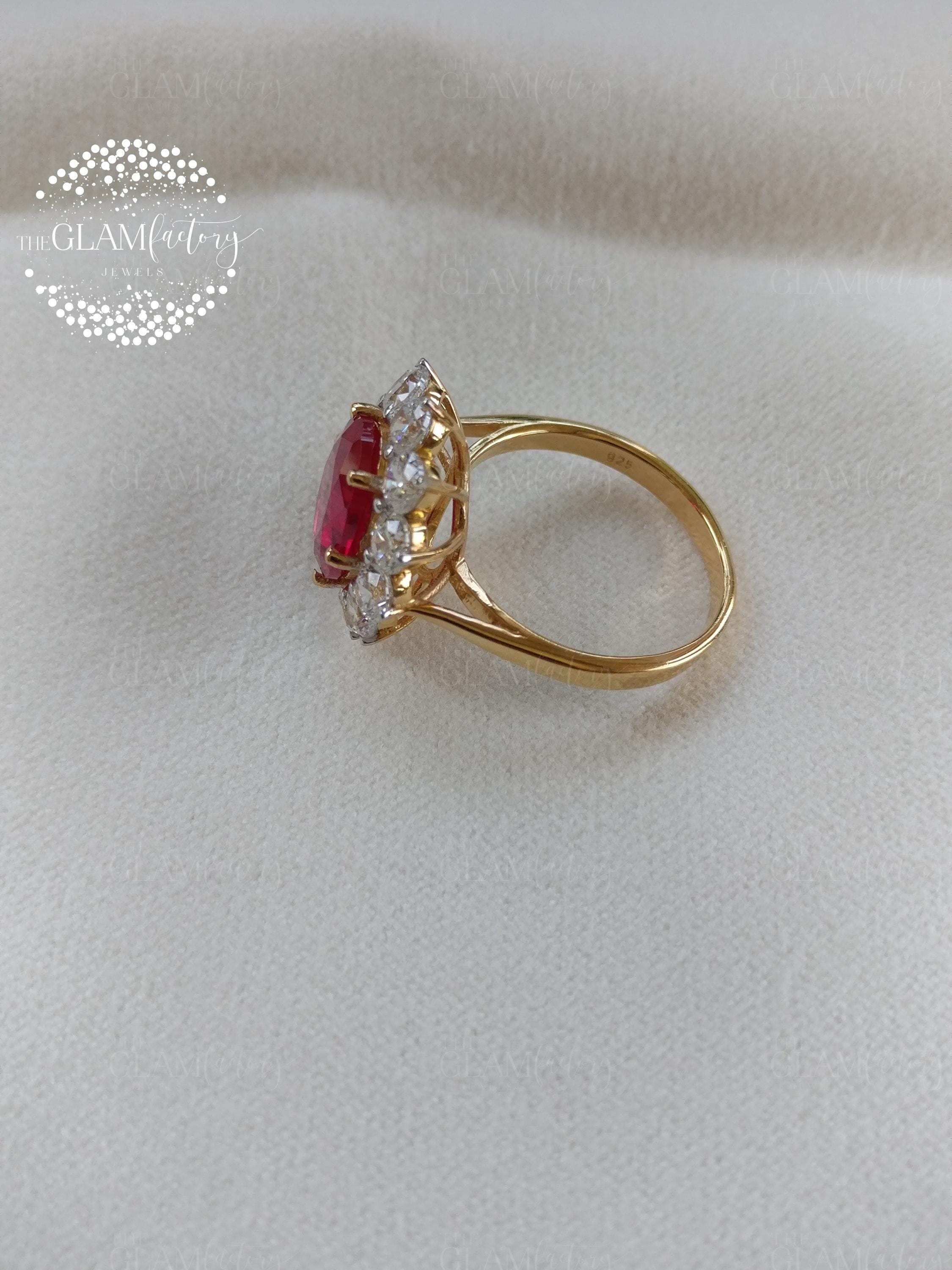 Ruby & Diamond Ring, Silver 925, White Rhodium Plated, Yellow Gold