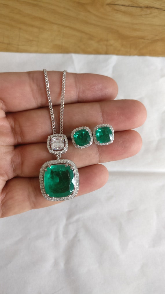 Emerald Pendant With Chain & Earrings Set, Silver 925, White Rhodium Plated