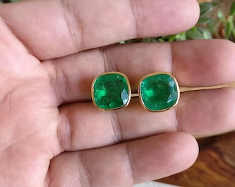 Emerald Cushion Cut Stud Earring Pairs, Silver 925, Real Gold Filled