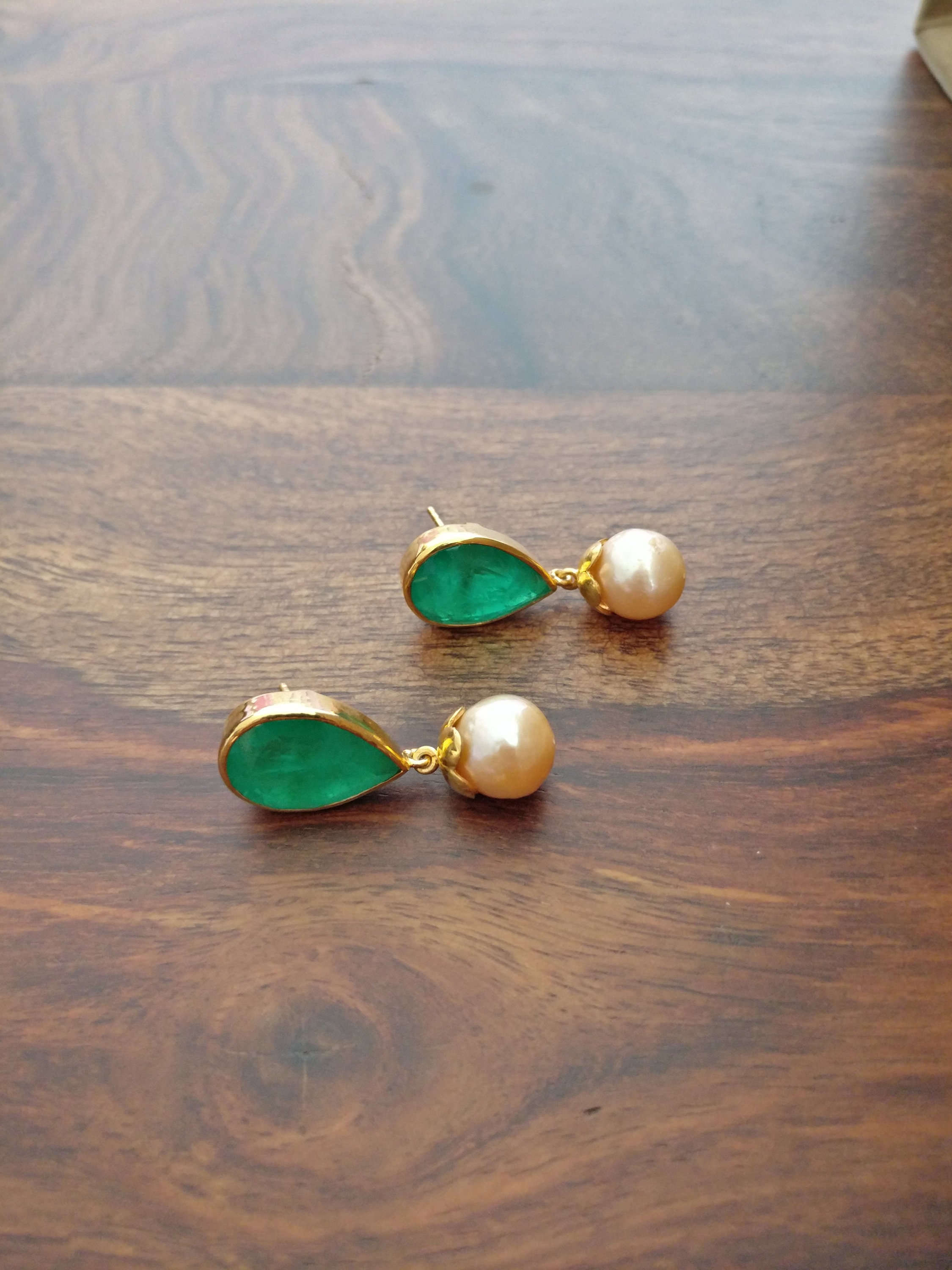 Emerald & Pearls Earring Silver 925 Real Gold Filled Etsy