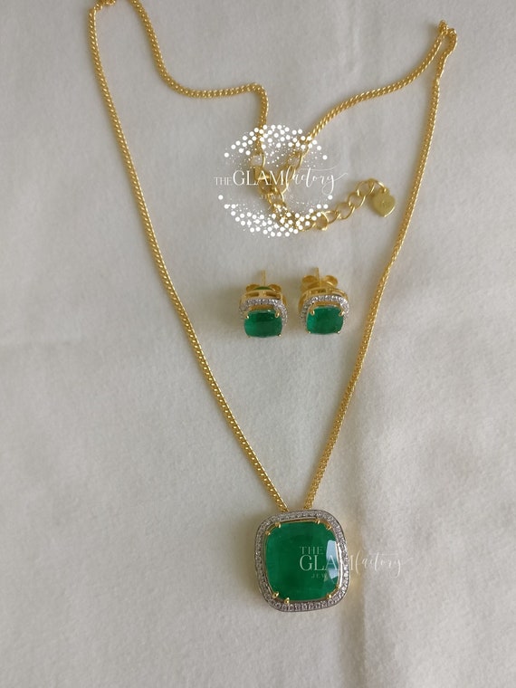 Emerald Pendant With Chain & Earrings Set, Silver 925, Real Gold 18K Filled
