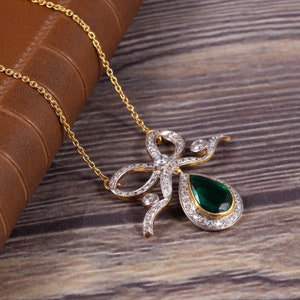 Antique/Vintage Emerald and AAA Zirconia Necklace, 18K Gold Filled, Silver 925
