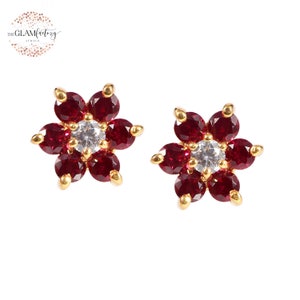 Ruby Red & White AAA Zirconia, Floral Ear Studs, Real Gold Filled, Silver 925