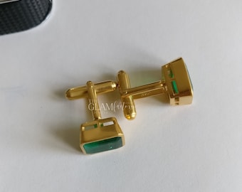 か*め様 メンズカフス‥18K‥エメラルド エメラルドカフスボタンペア、シルバー925、本物の18Kゴールドフィルド