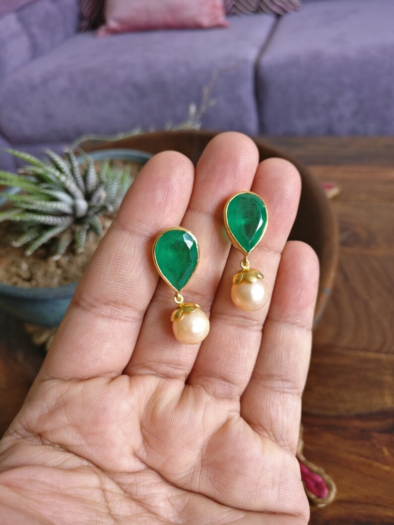 Emerald & Pearls Earring Silver 925 Real Gold Filled Etsy