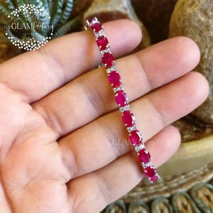 Ruby & Diamond Tennis Bracelet, Sterling Silver 925, White Rhodium Plated