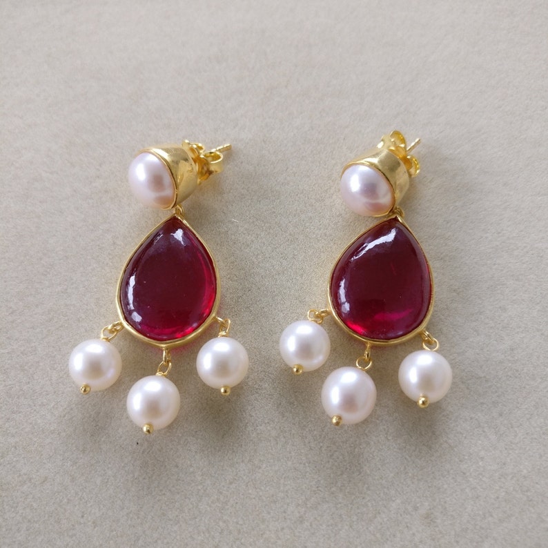 Ruby & Pearl Drop Dangling Earring Silver 925 Gold Filled Etsy