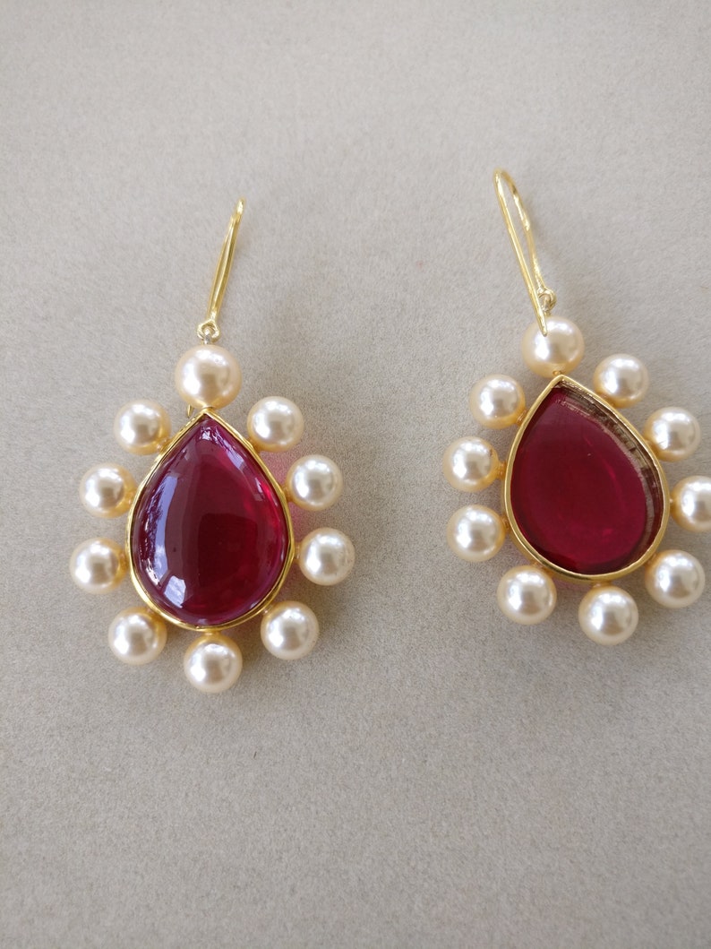 Ruby & Pearl Drop Dangling Earring Silver 925 Gold Filled | Etsy