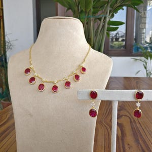 Ruby & Diamond Necklace + Earrings Set, Silver 925, 18K Gold Filled