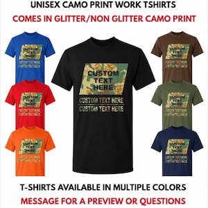 May include: A collection of short-sleeved t-shirts in black, blue, red, orange, brown, olive green, and navy blue. Each shirt features a central rectangular camo print graphic with the text CUSTOM TEXT HERE printed in three lines.