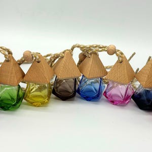 May include: Eight colourful glass bottles with wooden triangle tops and string hangers. The bottles are filled with different coloured liquids and are arranged in a row.