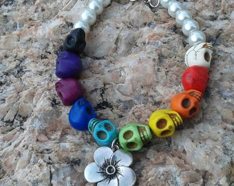 Rainbow Howlite skull bracelet with Faux Pearls