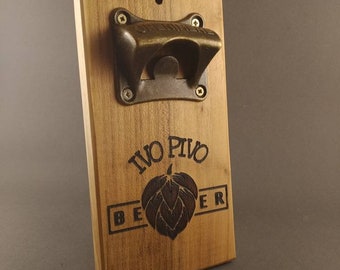 Wooden Bottle Opener,Natural or Laser Engraved with Custom Text, Beech, Monogram, Groomsmen Wall Bottle Opener, Personalized Wall Mounted