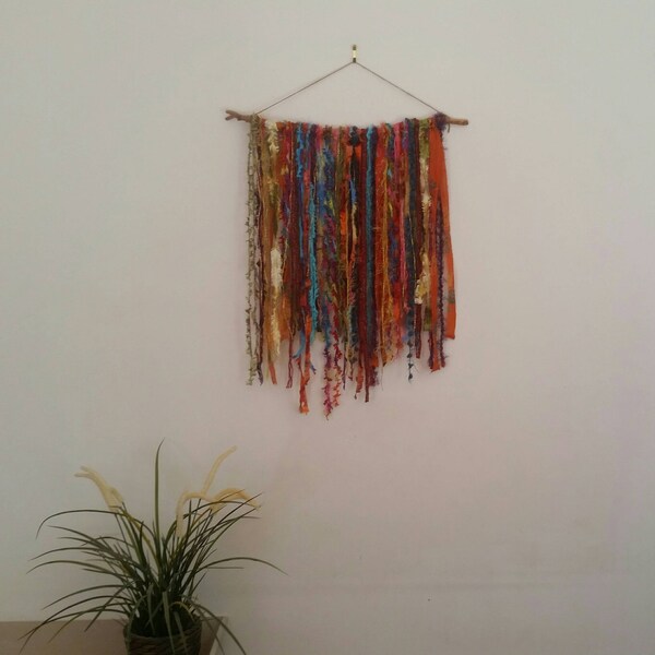 Vibrant and Colourful Textured Yarn and Silk Boho Wall Hanging