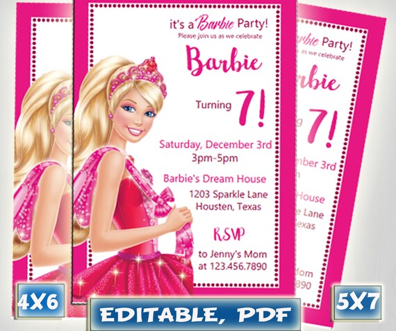 Instant Download Barbie Invitation Barbie Birthday Disney