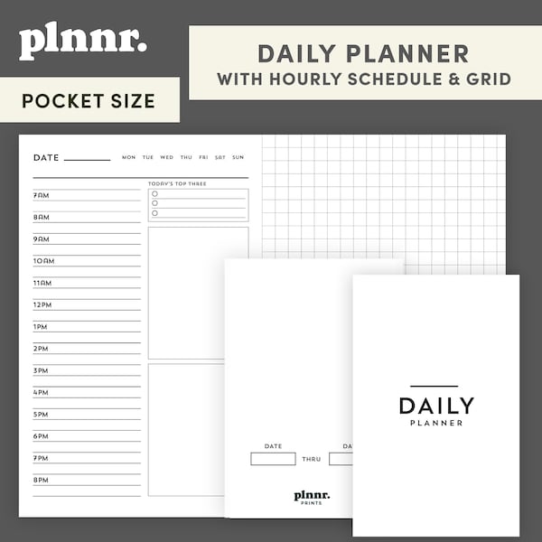 Pocket Size TN | Undated Daily Planner with Hourly Schedule & Grid, Traveler's Notebook Printable, Field Notes, 3.5 x 5.5 | Instant Download