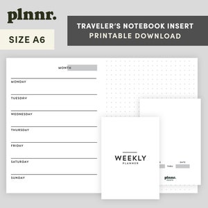 May include: Printable A6 size traveler's notebook insert with a weekly planner page and a monthly calendar page. The pages are white with black text and lines. The monthly calendar page has a gray box for the month name. The weekly planner page has a gray box for the date and a gray box for "THRU".