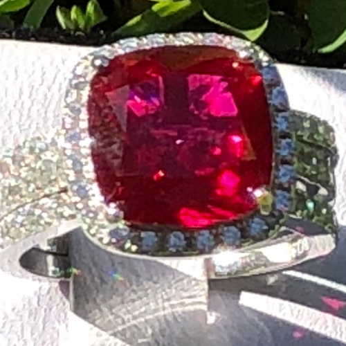 5ct Halo cushion cut shops Created Ruby ring, Cushion cut Ruby Ring, Engagement Ring, Promise Ring, Wedding ring set, anniversary, ring for women