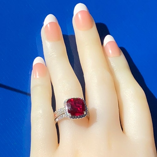 5ct Halo cushion cut shops Created Ruby ring, Cushion cut Ruby Ring, Engagement Ring, Promise Ring, Wedding ring set, anniversary, ring for women