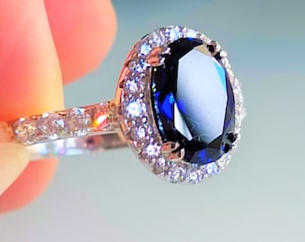 Sapphire Ring, Lab grown blue sapphire halo oval shape engagement ring, September Birthstone, anniversary gift, Gemstone Jewellery Australia