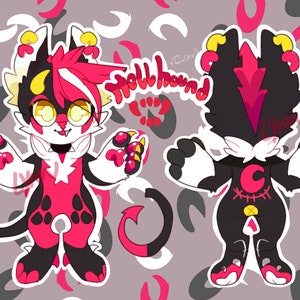 May include: A digital illustration of a cartoon character with a black and red color scheme. The character has large yellow eyes, a devil tail, and the word "Hellhound" in red text. The background is a pattern of gray and pink shapes.