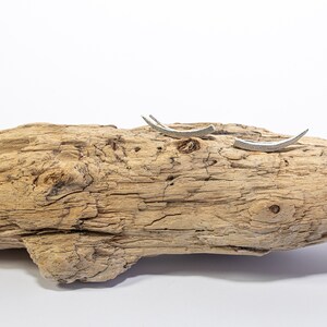 Pu&ograve; includere: Due pezzi di metallo color argento a forma di linee curve sono posizionati su un pezzo di legno alla deriva.