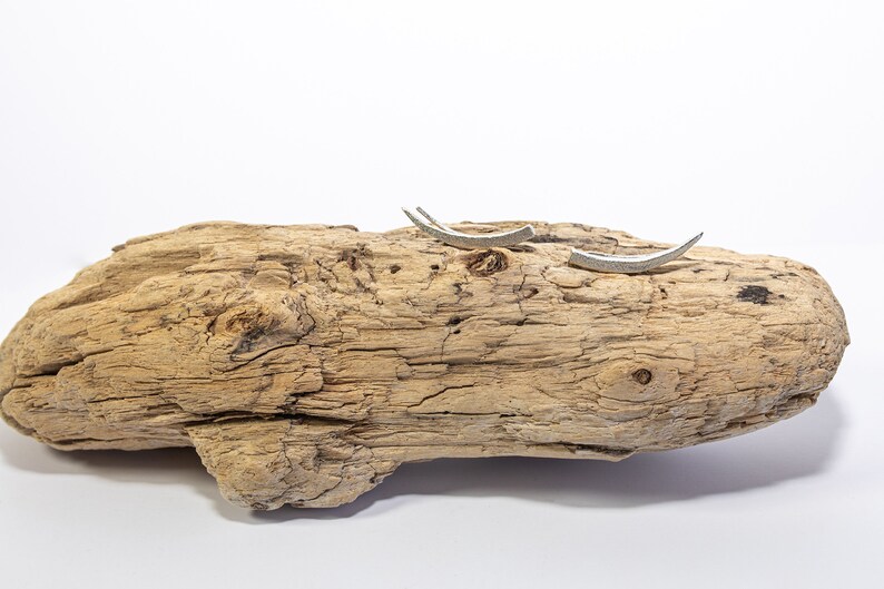Pu&ograve; includere: Due pezzi di metallo color argento a forma di linee curve sono posizionati su un pezzo di legno alla deriva.