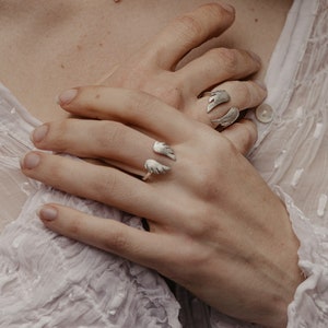 May include: Silver rings with wing designs. One ring features two wings, while another has a single wing design. The rings are worn on fingers, with the hands resting together. The rings are a unique jewelry item.