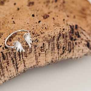 May include: A silver-colored ring with a leaf design. The ring features two open-ended leaf shapes. The ring is displayed on a textured, brown surface.