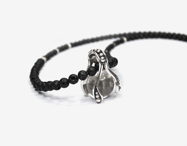 healing gemstone LAVA /& CUARTZ NECKLACE tribal jewelry spiritual jewelry handmade stearling silver talisman pendant mala necklace.