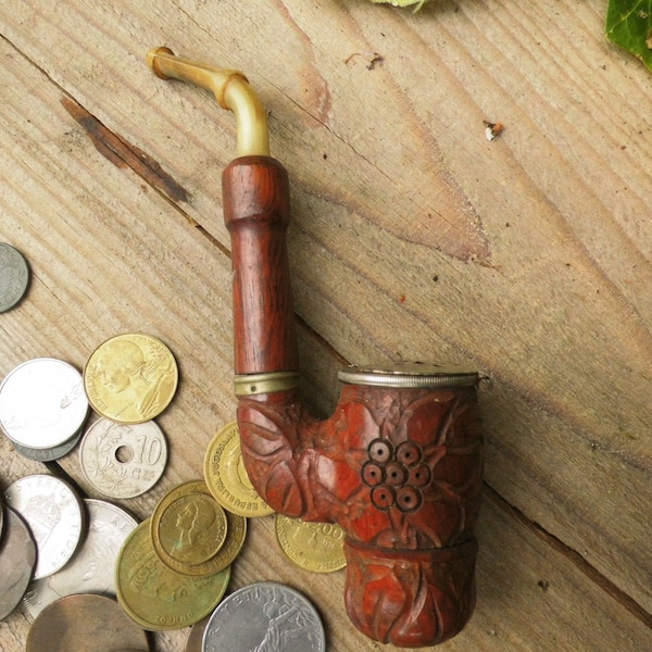 Unique Pocket pipe, handcarved, briar root,  large bowl, lid, buffalo horn mouthpieve, St Claude, Vintage French, Jura, France