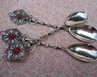 Intricate set of 3 Vintage French tea spoons, intricately designed using filigree work, and including a hanger on the handle for display