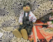 Vintage French Floppy Companion Clown - Handmade, Wooden head, hands shoes, Tartan Dungarees cap, Great fun, 8 inches, Office Desk mascot