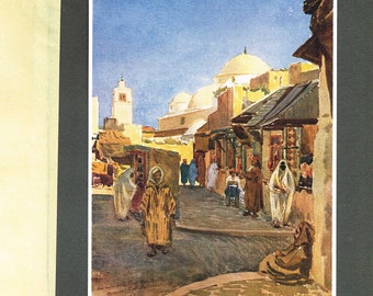 North African street scene , traders and mosque, colored artwork from Quillet Vintage French Encyclopedia 1932, mounted on card