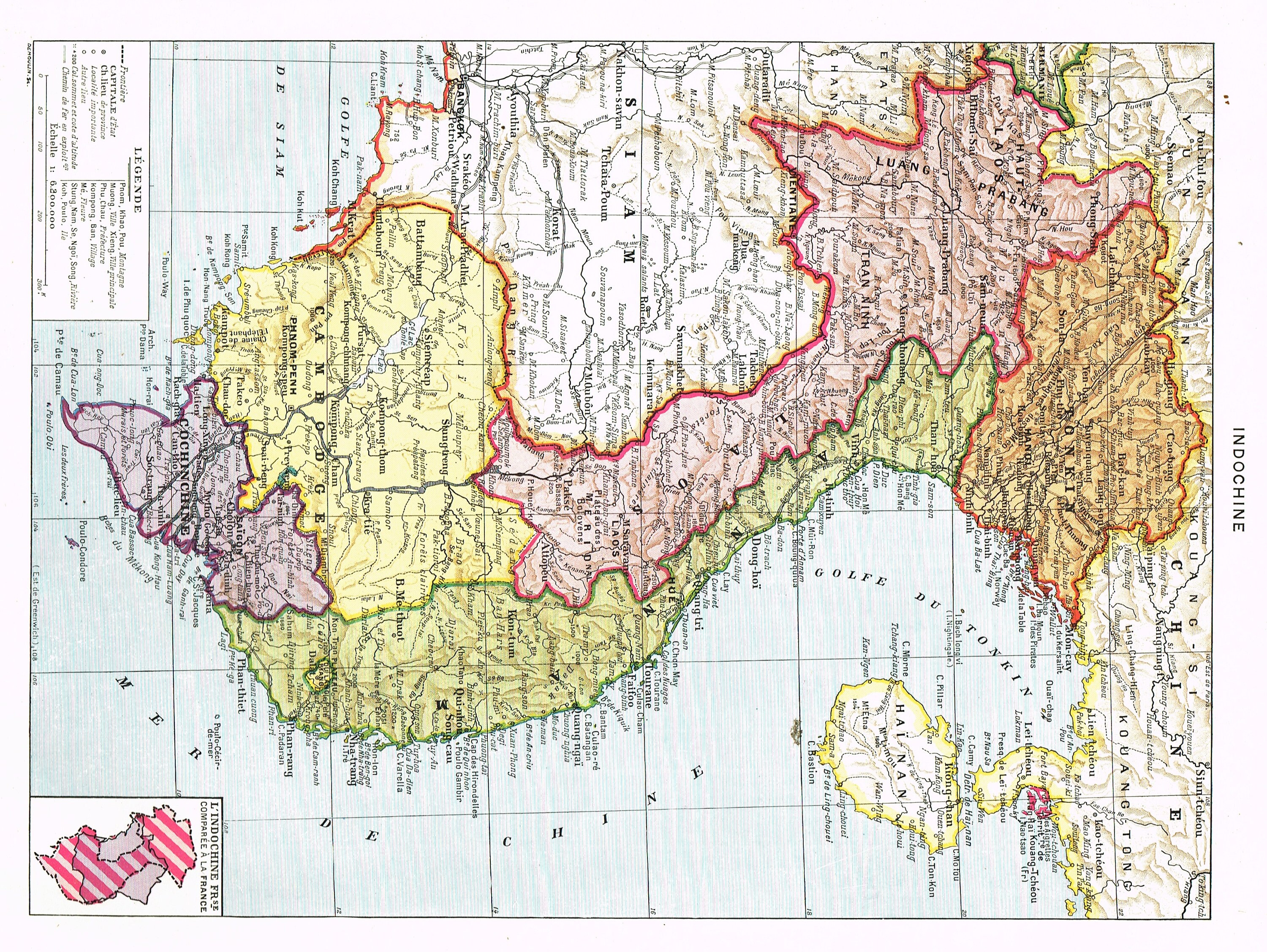 Carte de L'indochine, Millésime Français Encyclopedia Larousse, Produit à L'apogée L'influence en As