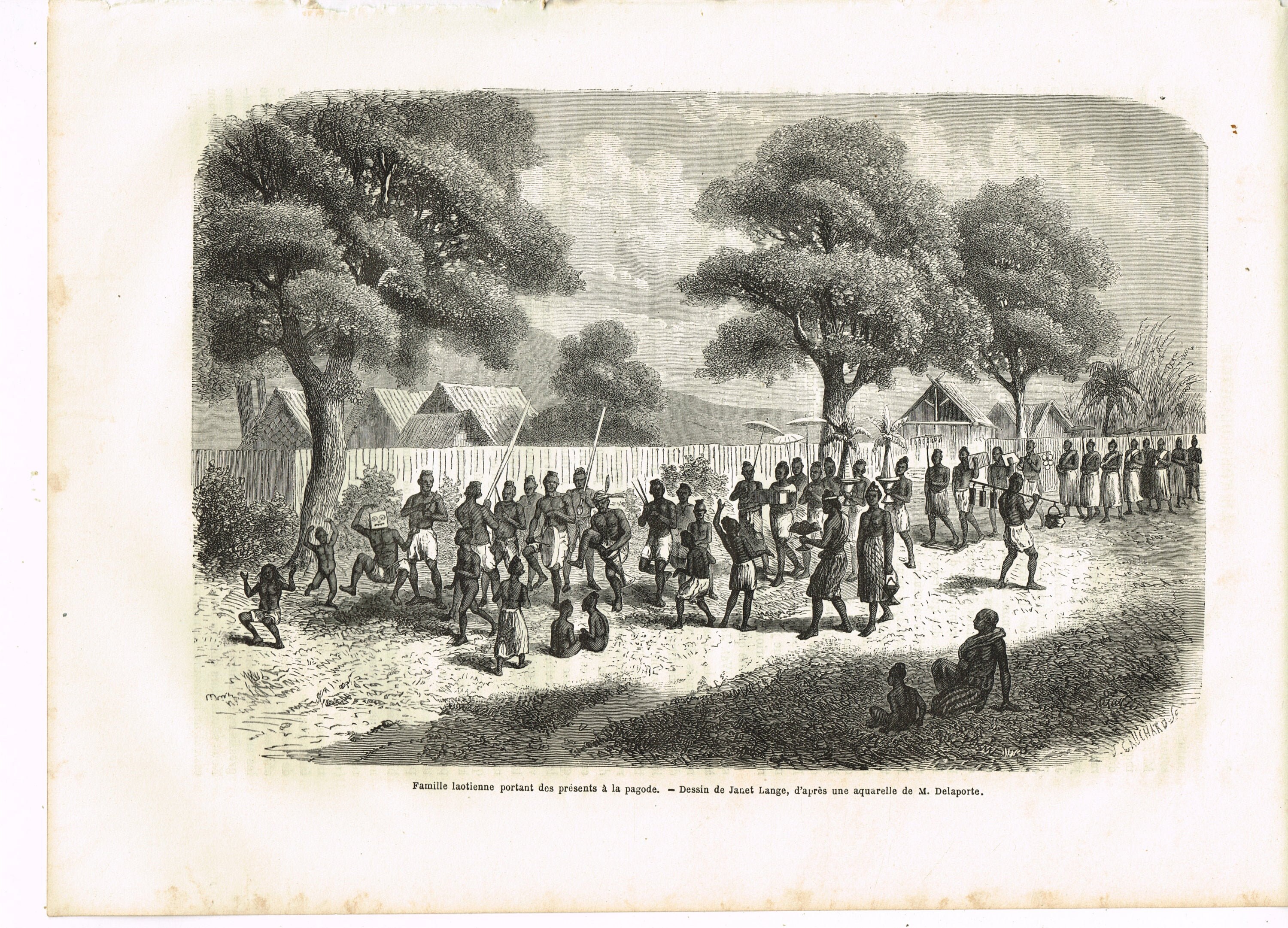 Laos, Famille Prenant Des Cadeaux à La Pagode, Artiste Janet Lange, Bookplate de 1862 Voyages Dans L